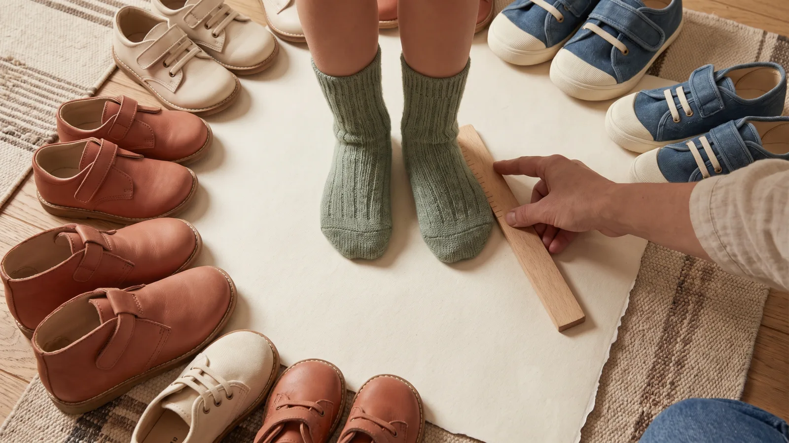 Kinderfüße und Schuhe in verschiedenen Größen beim Ausmessen