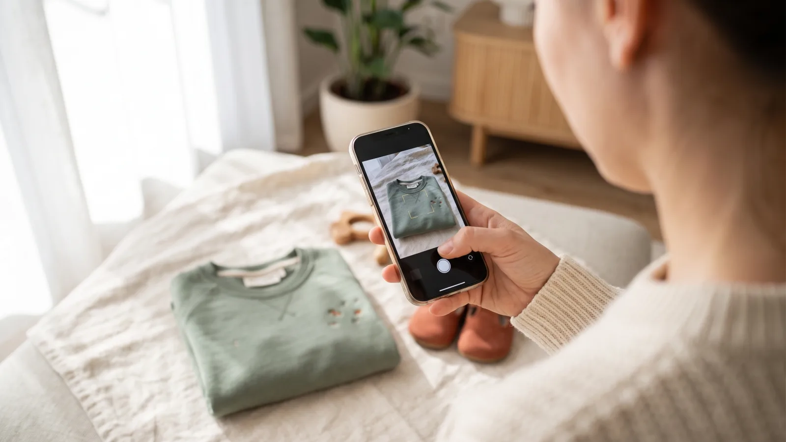 Kinderpullover wird bei Tageslicht mit einem Smartphone fotografiert