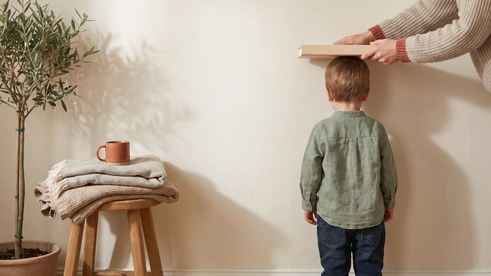 Zweijähriges Kind wird ohne Schuhe an einer Wand gemessen