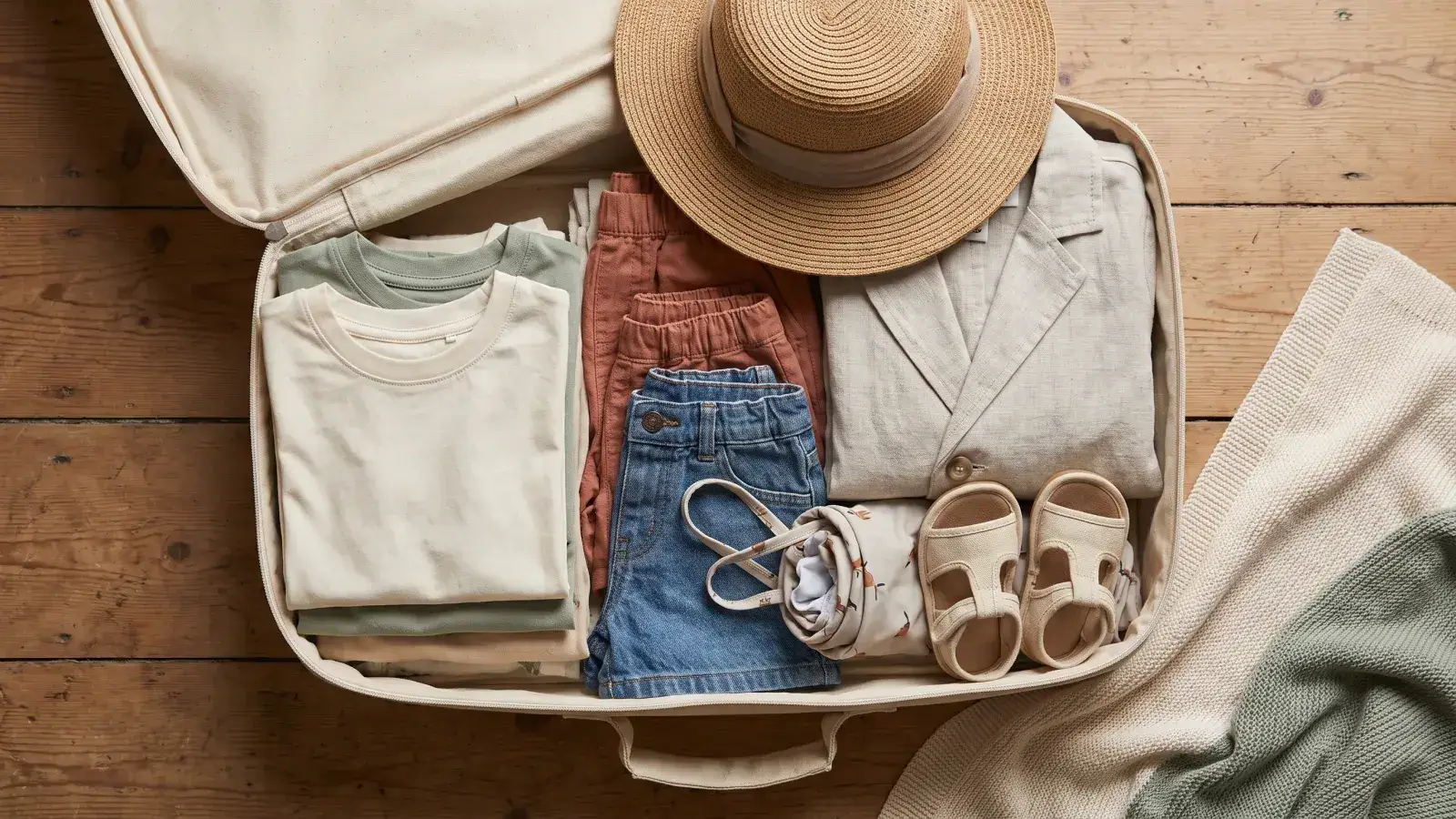 Geöffneter Koffer mit Kinderkleidung für den Sommerurlaub