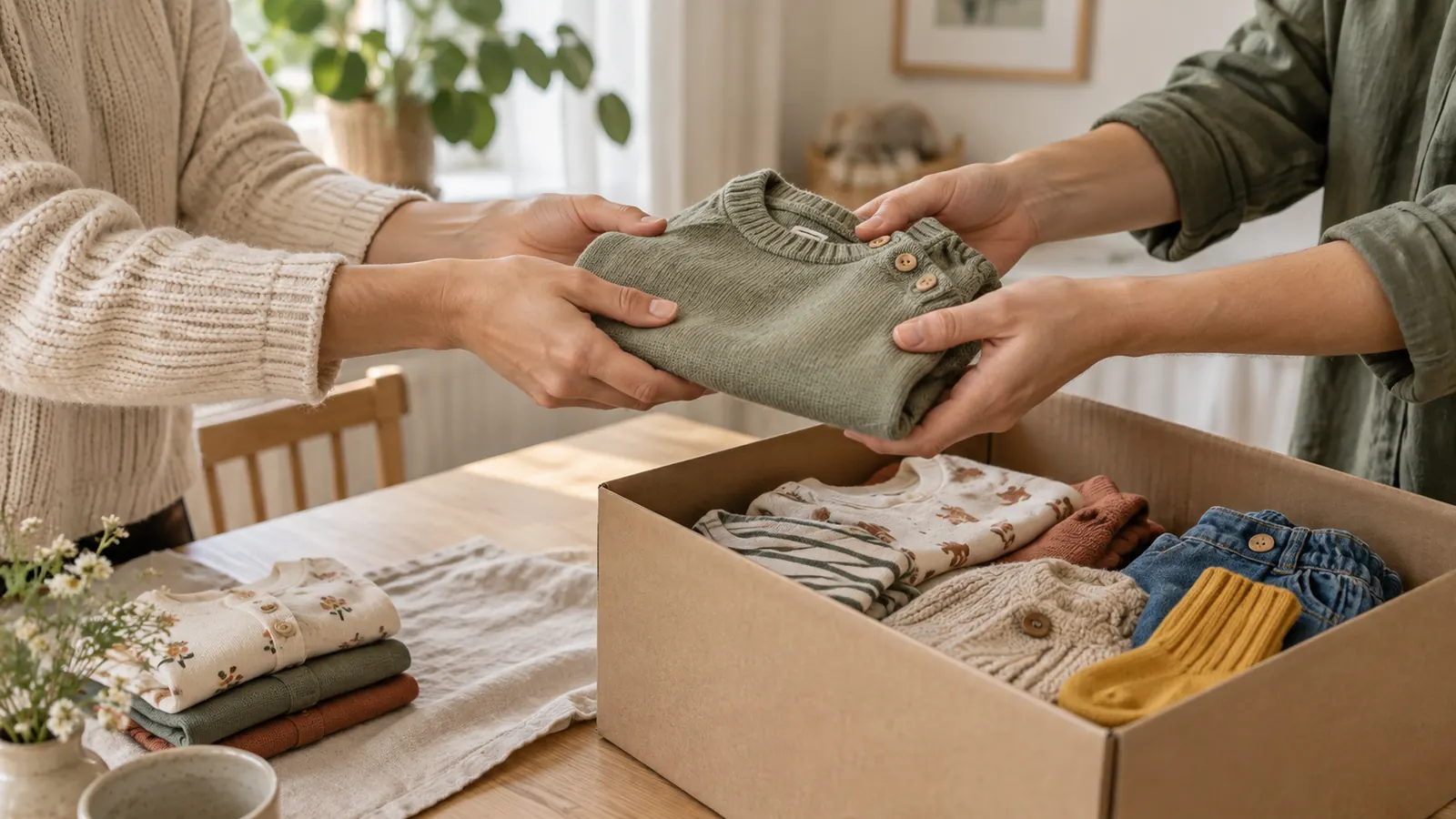 Symbolbild: Zwei Erwachsene geben einen Kinderpullover neben einer Kiste mit Kinderkleidung weiter.