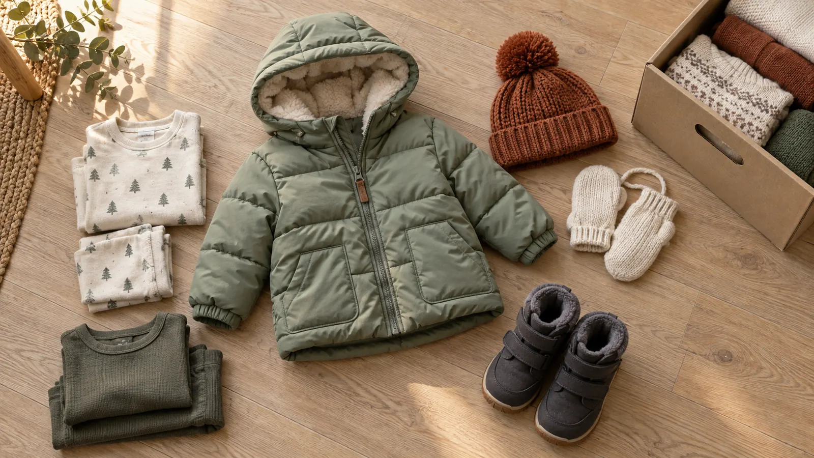 Symbolbild: Kleine Winterjacke, Mütze, Handschuhe und Stiefel liegen für die Bestandsaufnahme bereit.